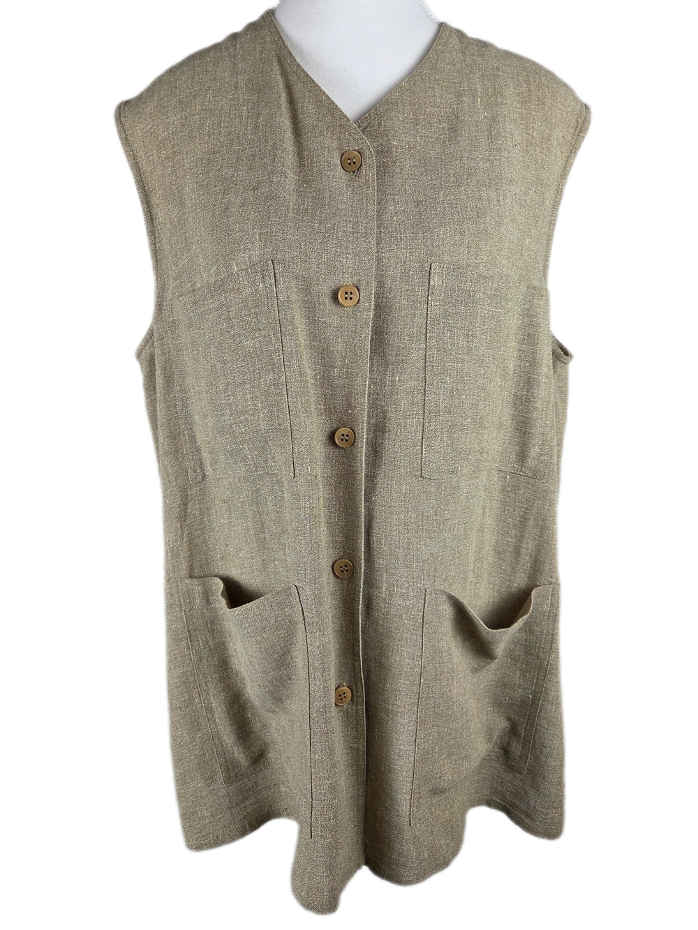 Vintage Calvin Klein Sleeveless Button-Front Linen Blend Tunic Vest in Taupe